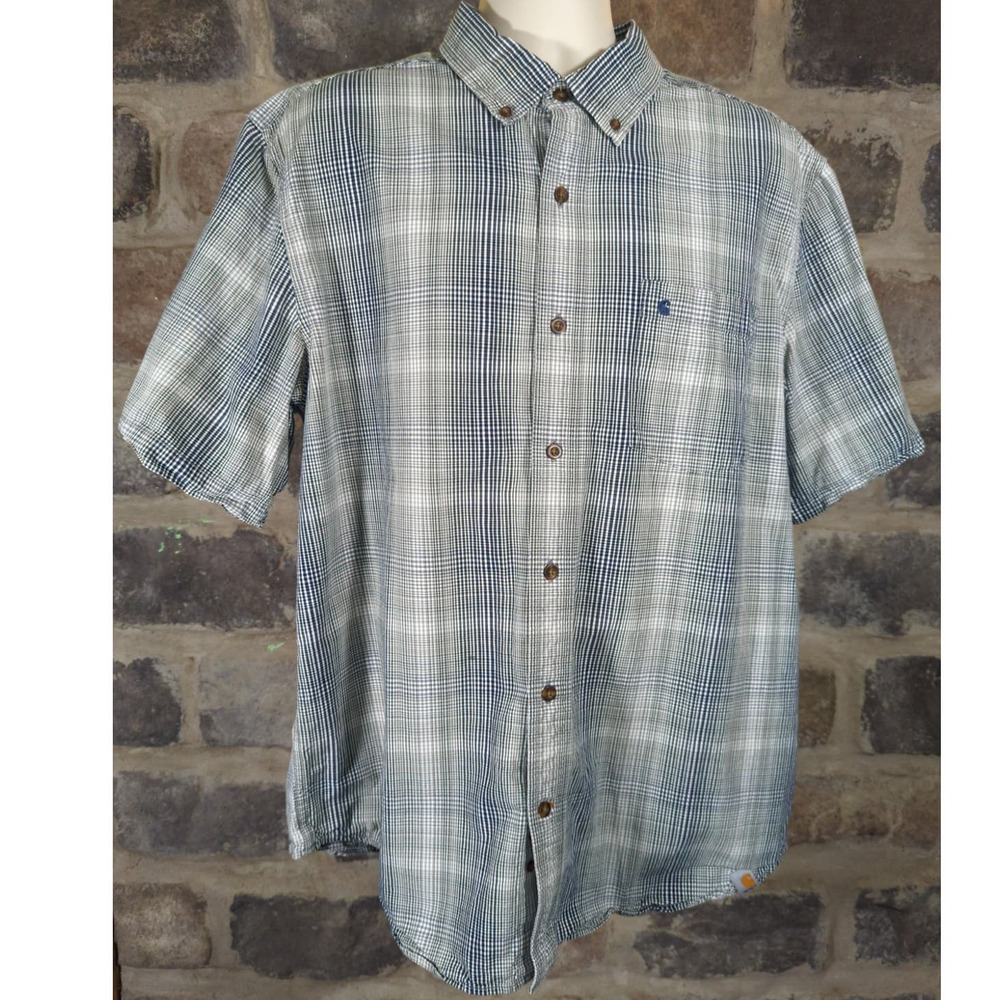 Carhartt Shirt Relaxed Fit Button Down‎ Short Sleeve Gray White Men's Size XL